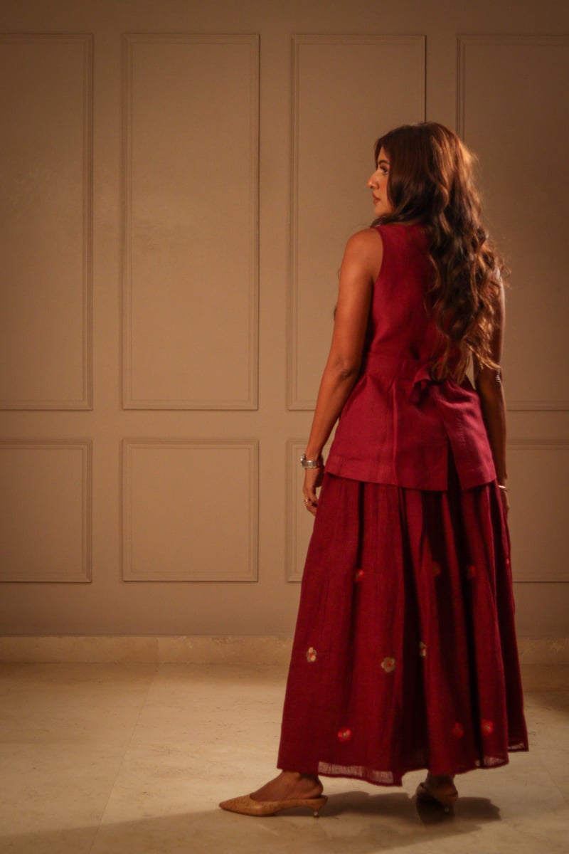 Wine Linen Button-Front Waistcoat with Embroidered Pockets