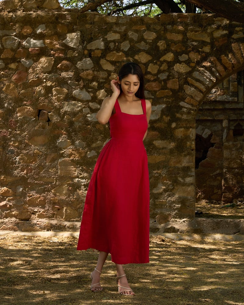 Red Linen Drop-Waist Gathered Midi Dress