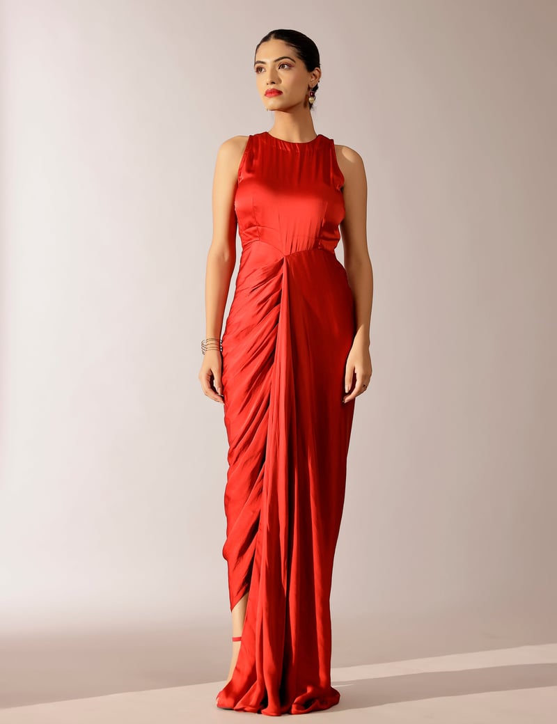 Maroon Black Draped Maxi Gown Set with Kimono and Belt