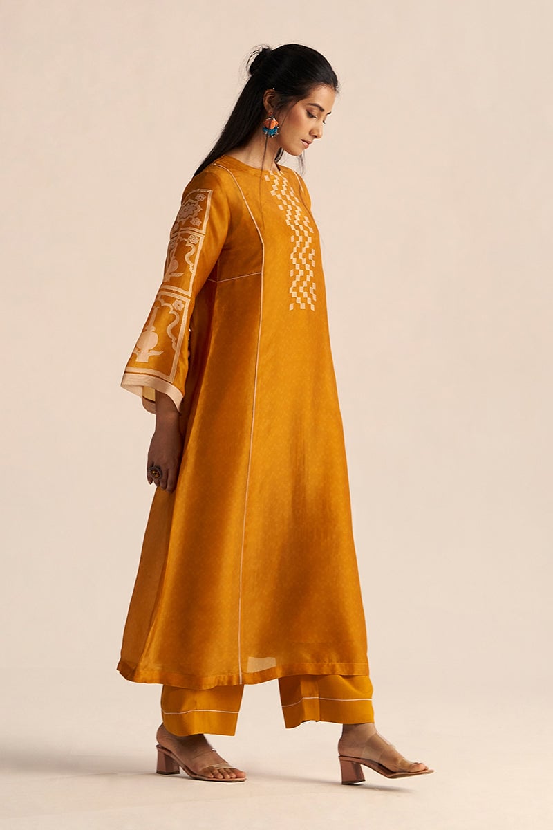 Nugget Yellow Silk Kurta and Wide-Leg Pants Co-ord Set