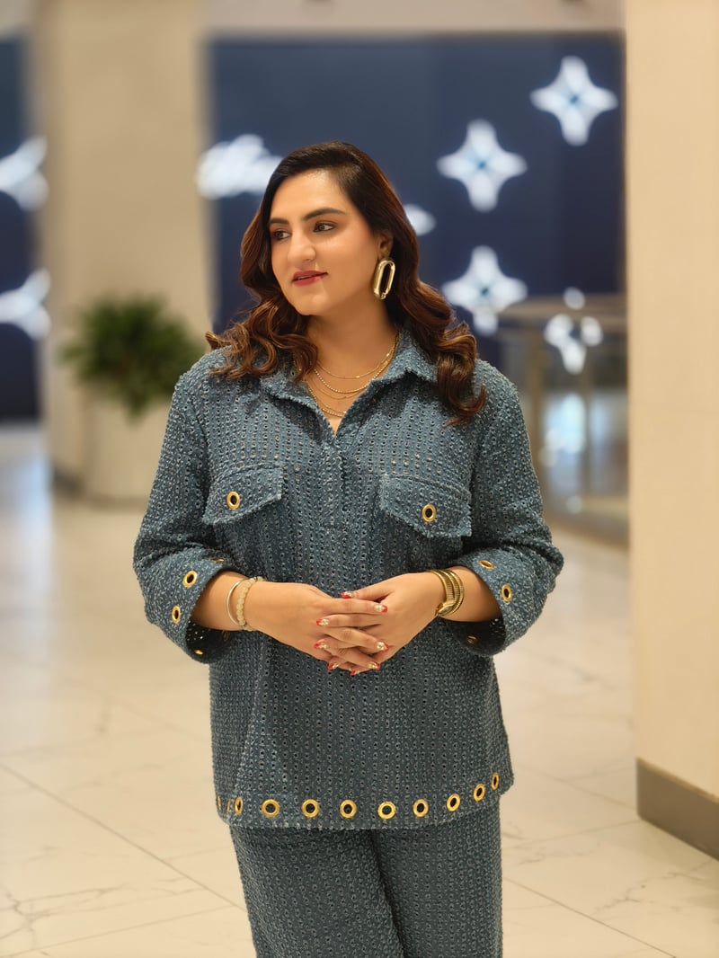 Blue Denim Eyelet Co-ord Set with Flared Pants