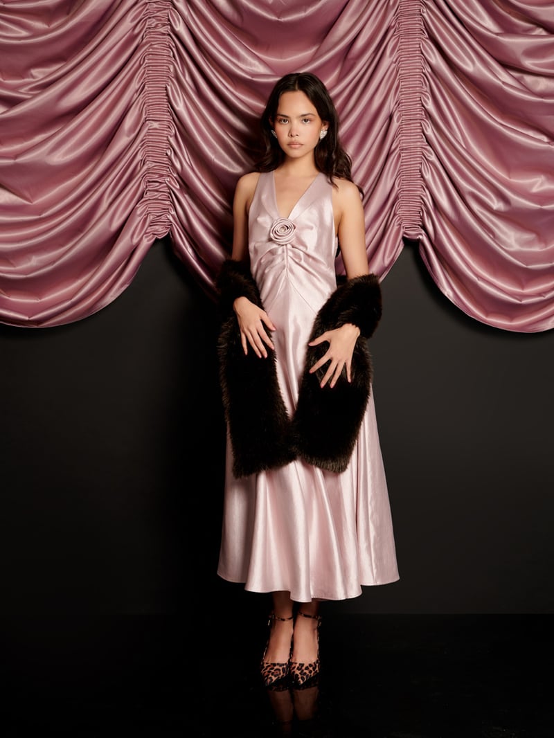 Pale Pink Taffeta Fit and Flare Midi Dress with Rosette