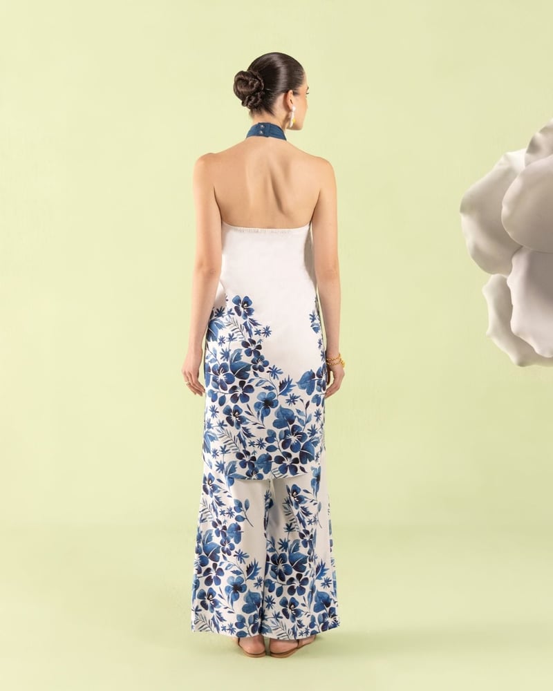 Blue/White Halter Top and Wide-Leg Pants Co-ord Set