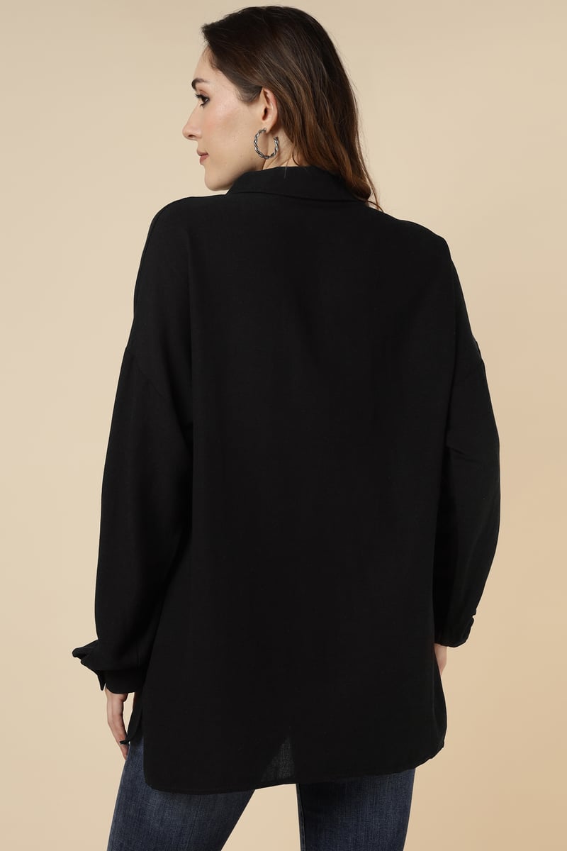 Black Collared Button-Down Shirt with Floral Embroidery