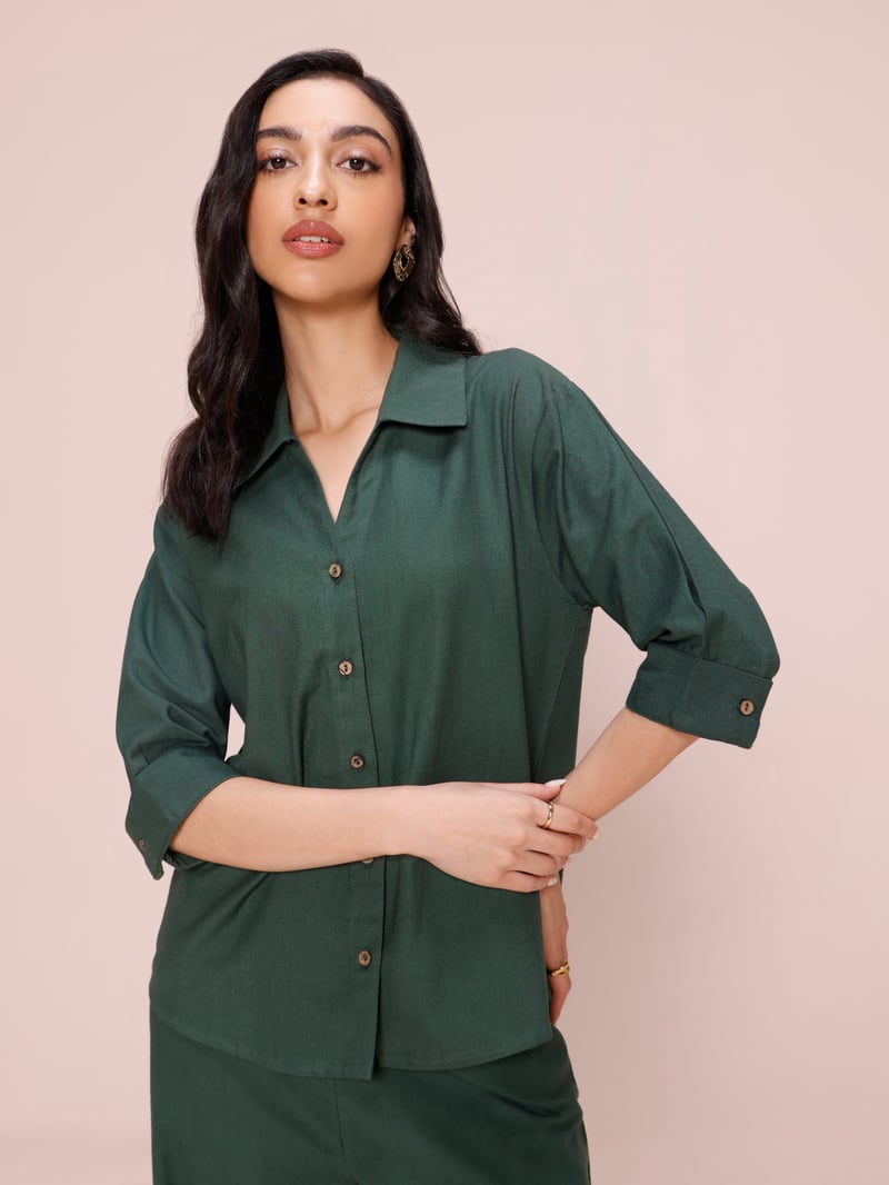 Forest Green Linen Blend Shirt and Pants Co-ord Set