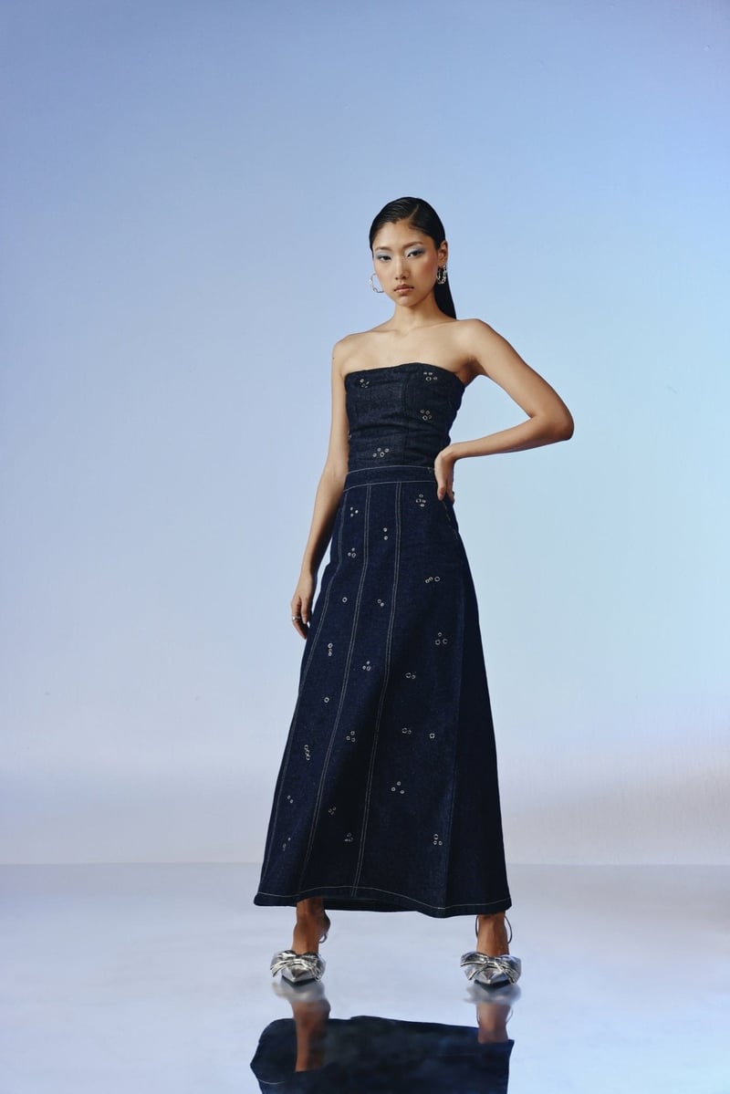 Deep Indigo Strapless Denim Top with Eyelet Detail