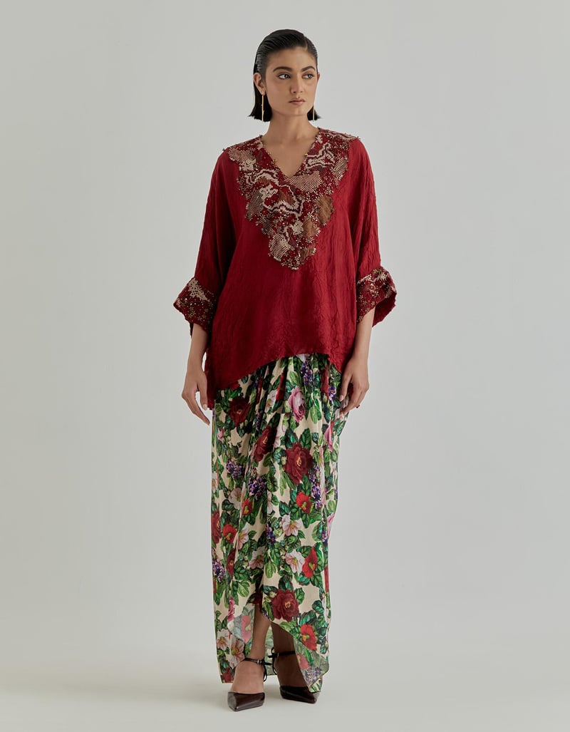 Rosette Nomad Drape Skirt Paired With Poncho Top — Kavita Bhartia