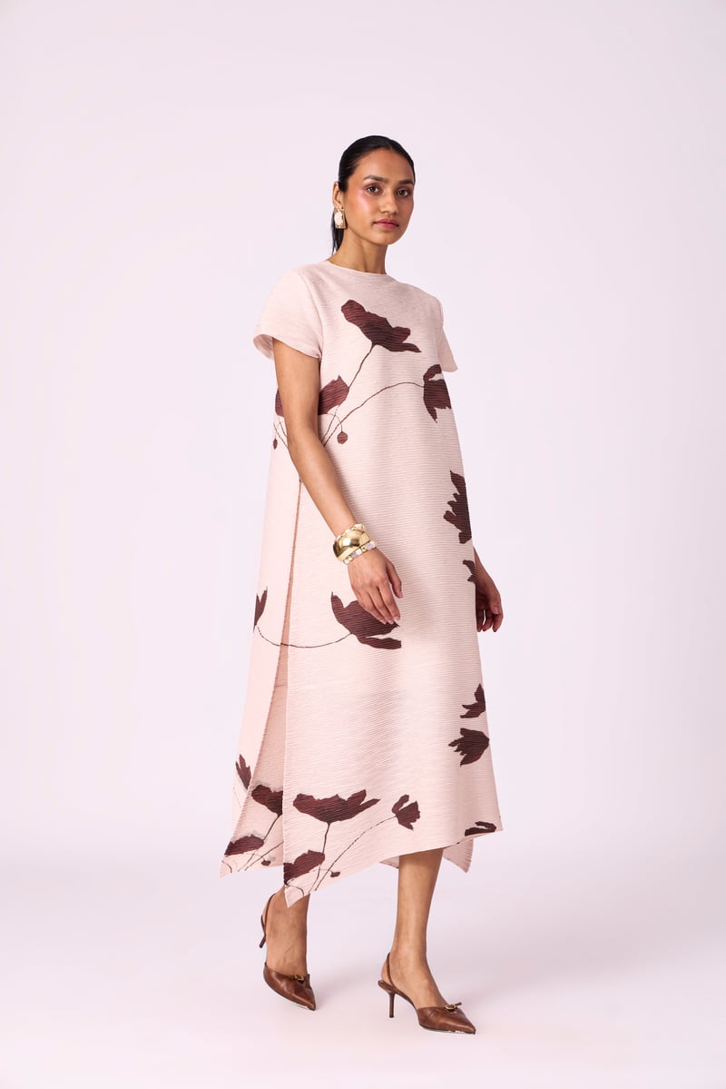 Nude Beige Pleated Floral Midi Dress