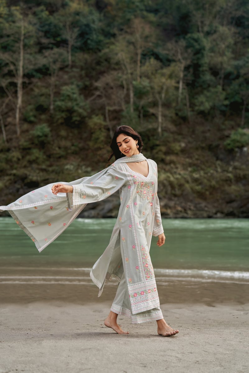 Grey Cotton Embroidered Straight Kurta Set with Dupatta