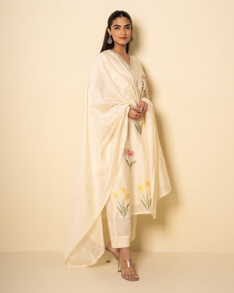 Spring Ivory Chanderi Floral Embroidered Suit Set (Set Of 3)