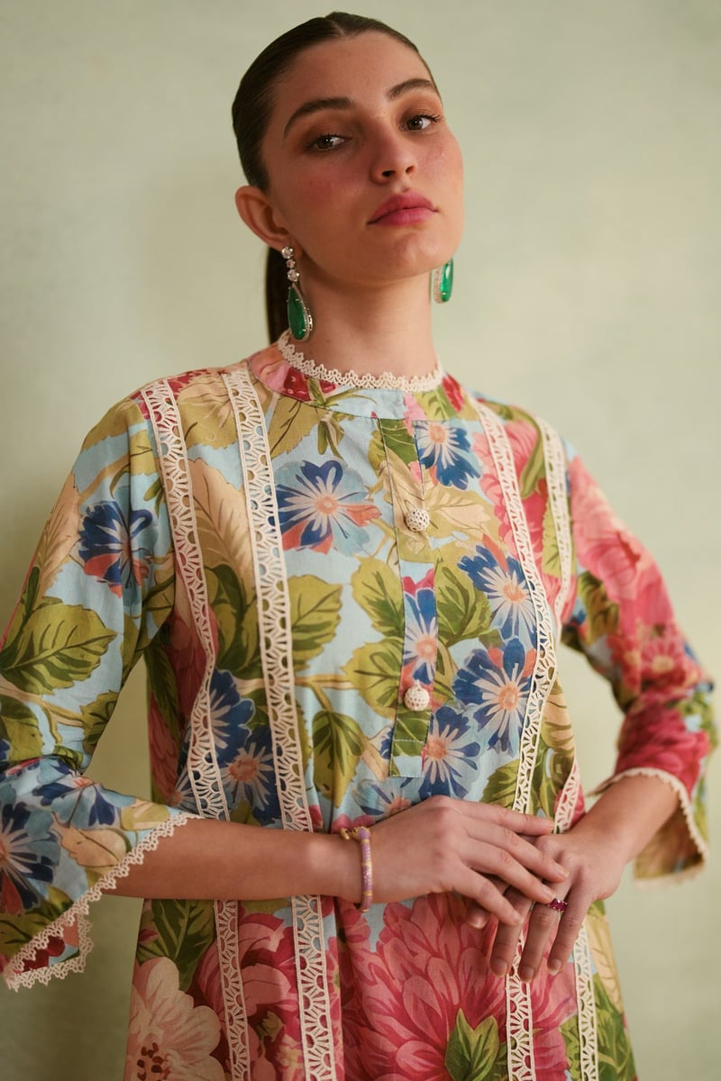 Multicolor Floral Cotton Lawn Suit Set With Lace Trim