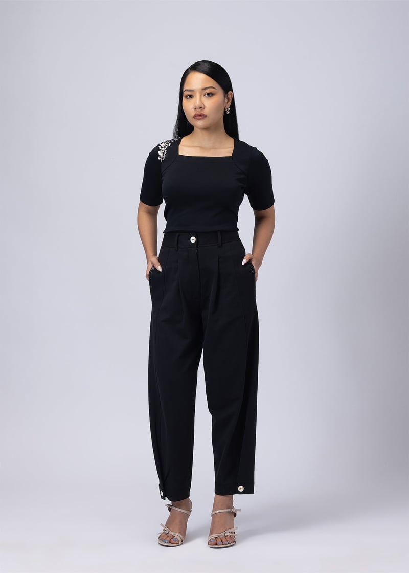 Carbon Black High-Rise Barrel-Leg Trousers — Alonge