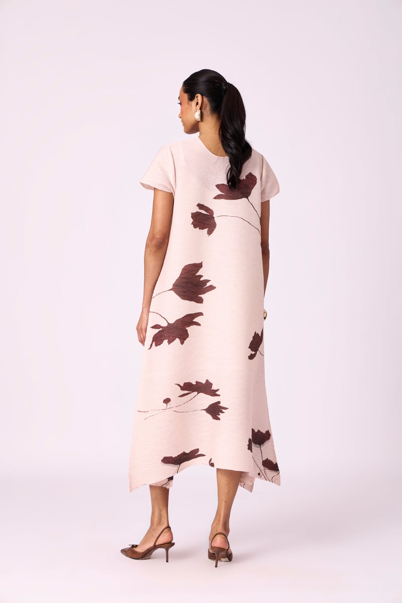 Nude Beige Pleated Floral Midi Dress