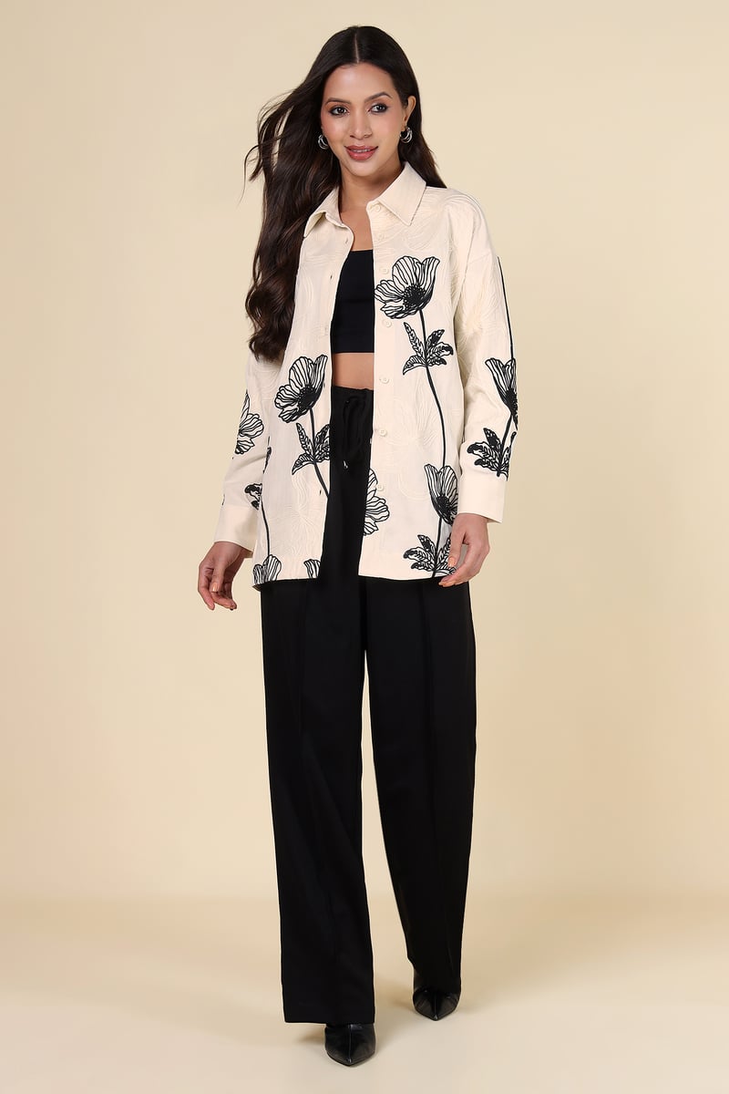 Natural Ivory Monochrome Floral Longline Cotton Shirt