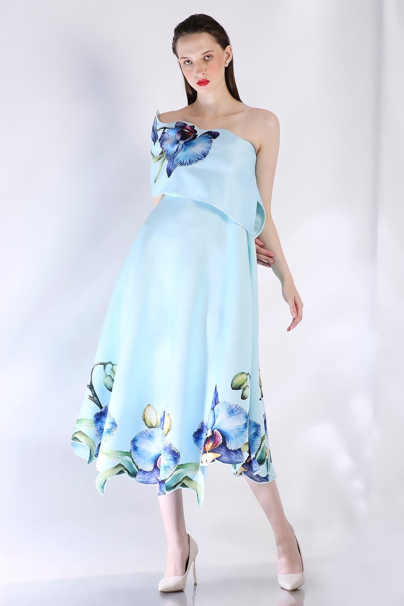 Blue Off-Shoulder Floral Print Fit and Flare Midi Dress