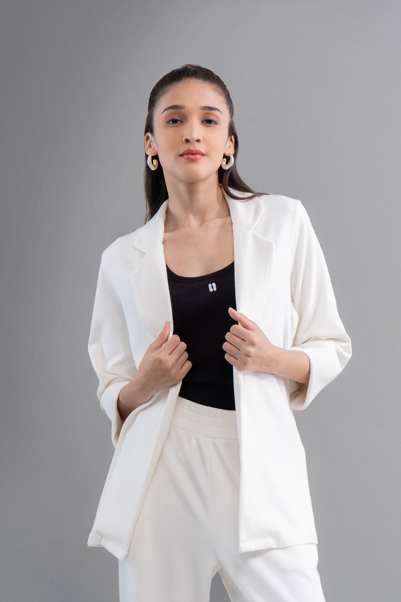 Ivory Interlock Knit Blazer with Lapel Collar