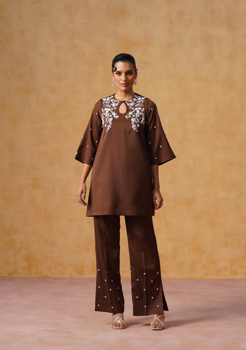 Chocolate Brown Embroidered Tunic and Flared Pants Co-ord Set