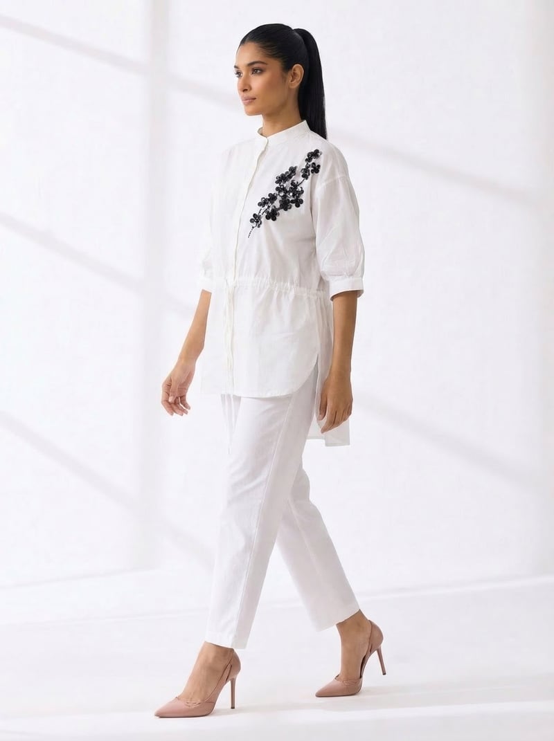 Ivory Cotton Tunic Shirt with Shoulder Applique