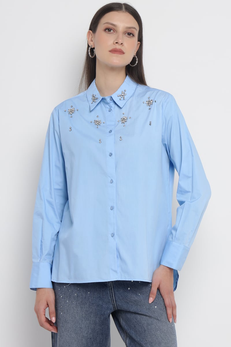 Light Blue Embellished Cotton Button-Down Shirt