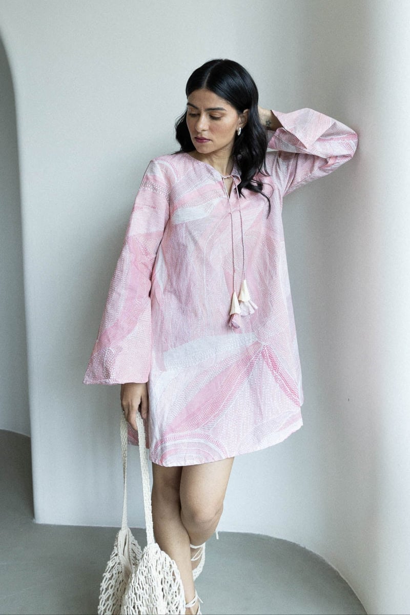 Pink/White Abstract Dot Print A-Line Mini Dress — MOMENT BOMBAY