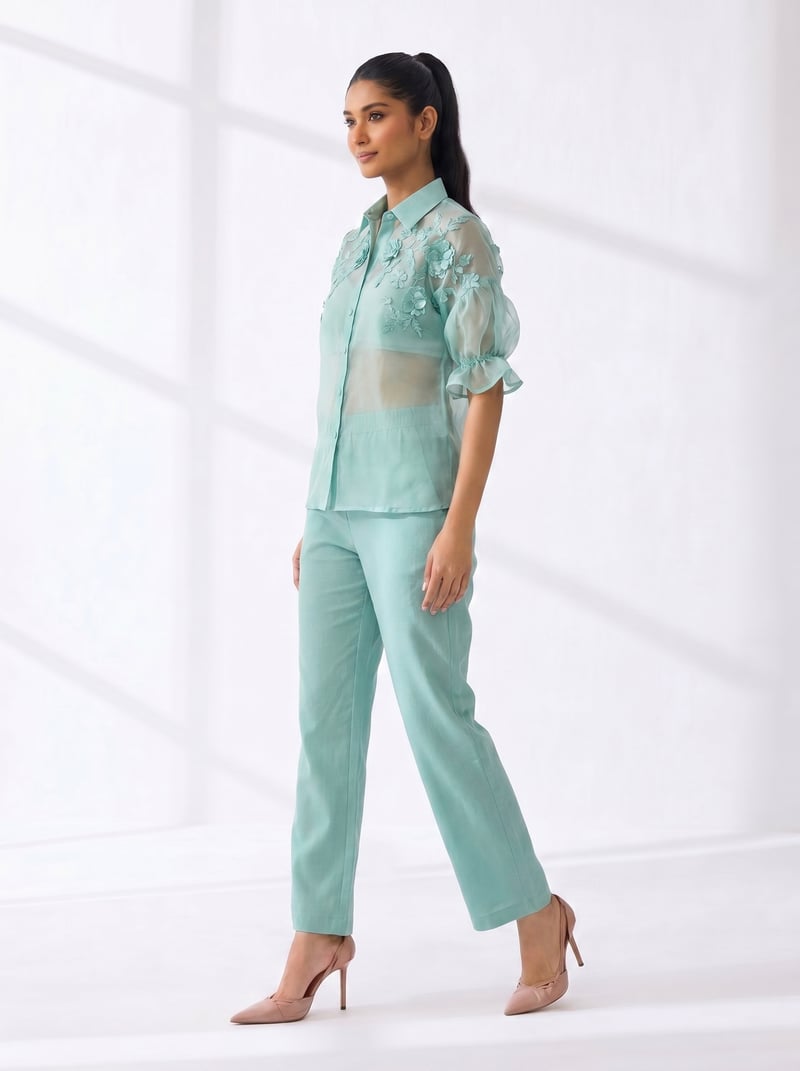 Sea Blue Sheer Shirt and Pants Co-ord Set