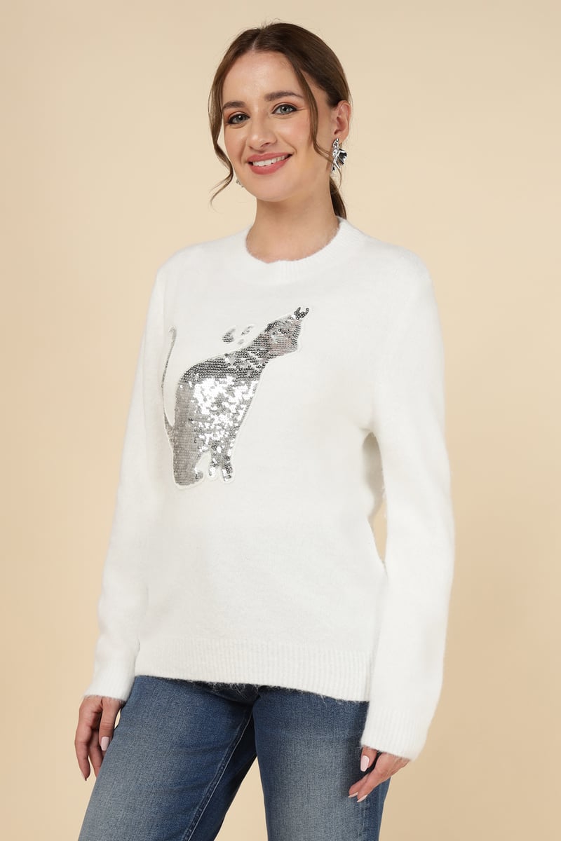 White Sequin Cat Motif Crewneck Pullover Sweater