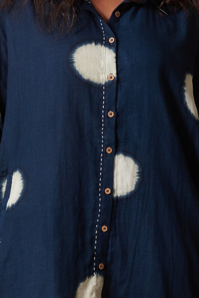 Indigo Ivory Dot Boxy Button-Down Double Gauze Cotton Shirt
