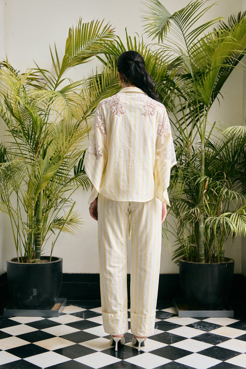 Yellow Striped Cotton Co-ord Set with Lace Panels