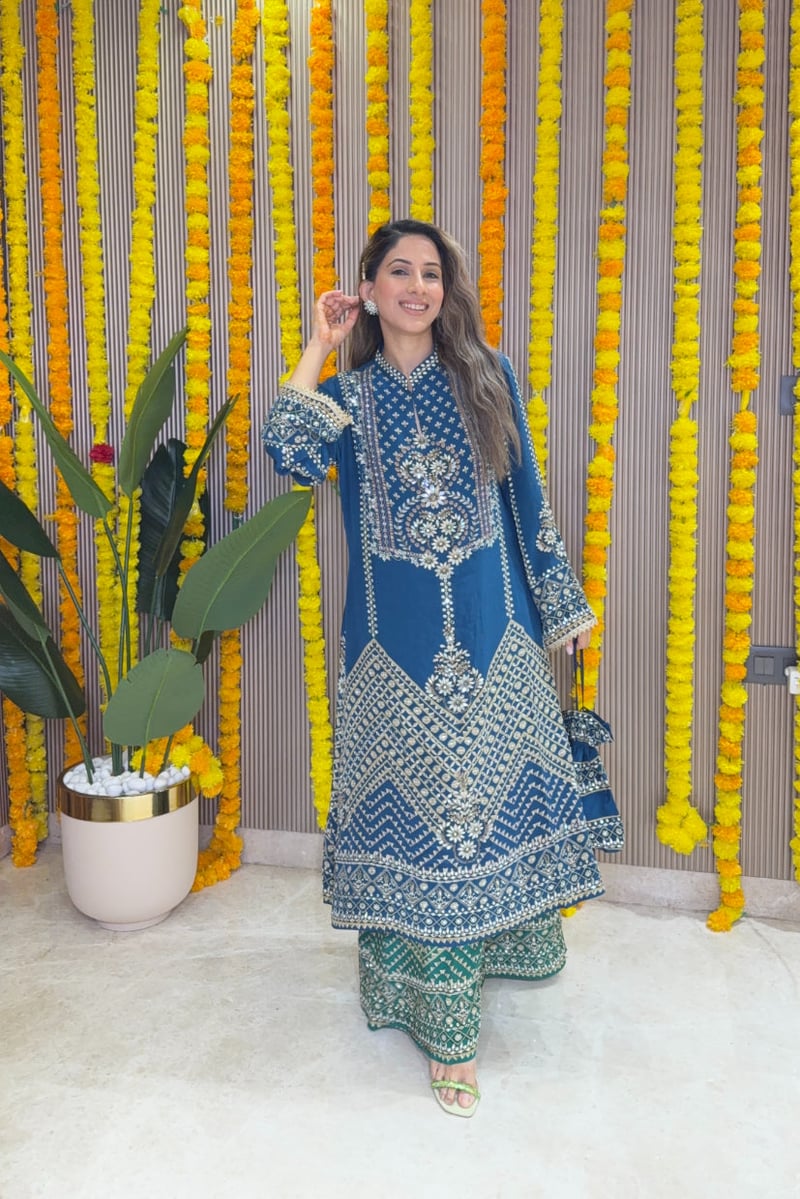 Teal & Emerald A-Line Printed Kurta Set with Palazzo