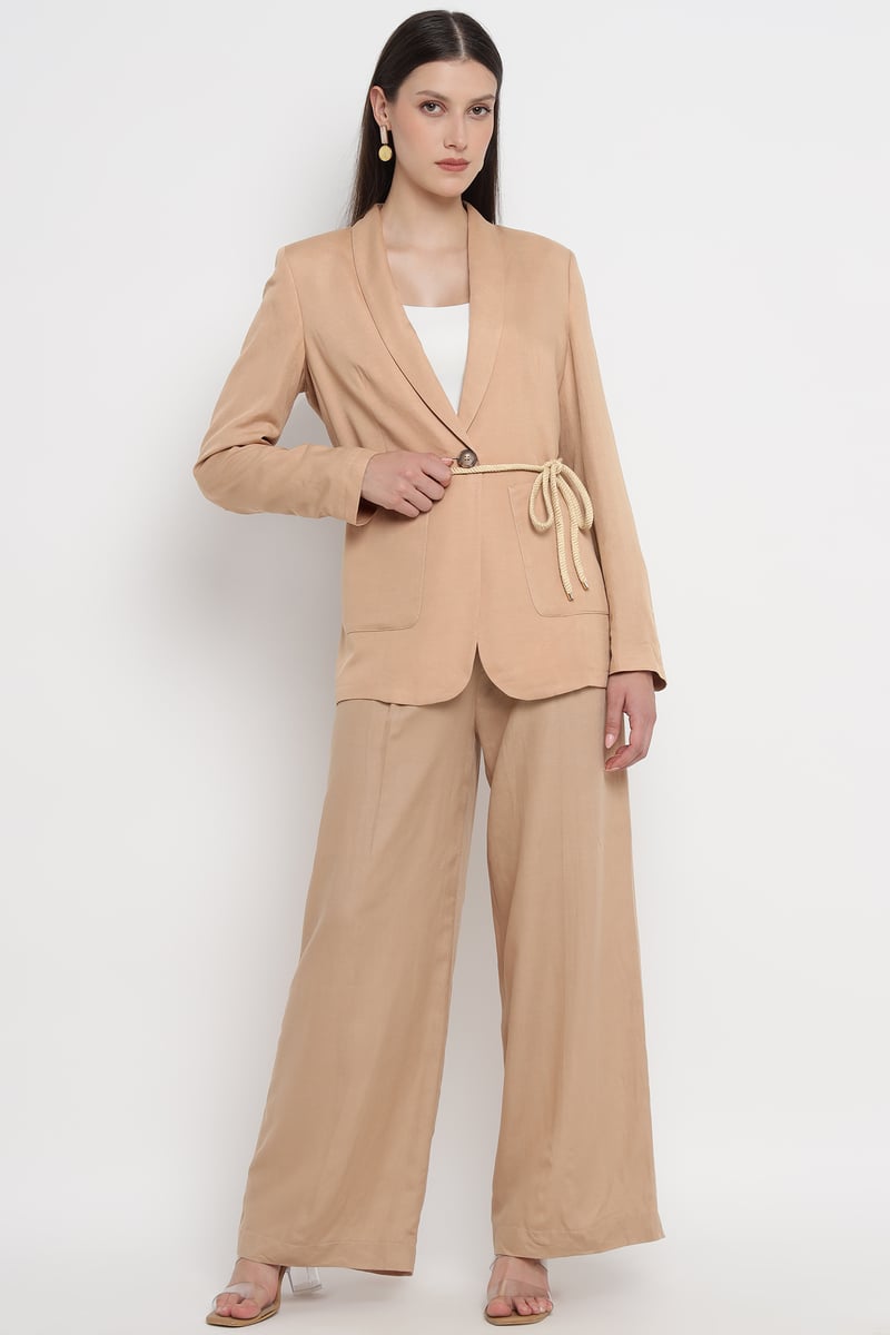 Beige Belted Single-Button Tailored Blazer
