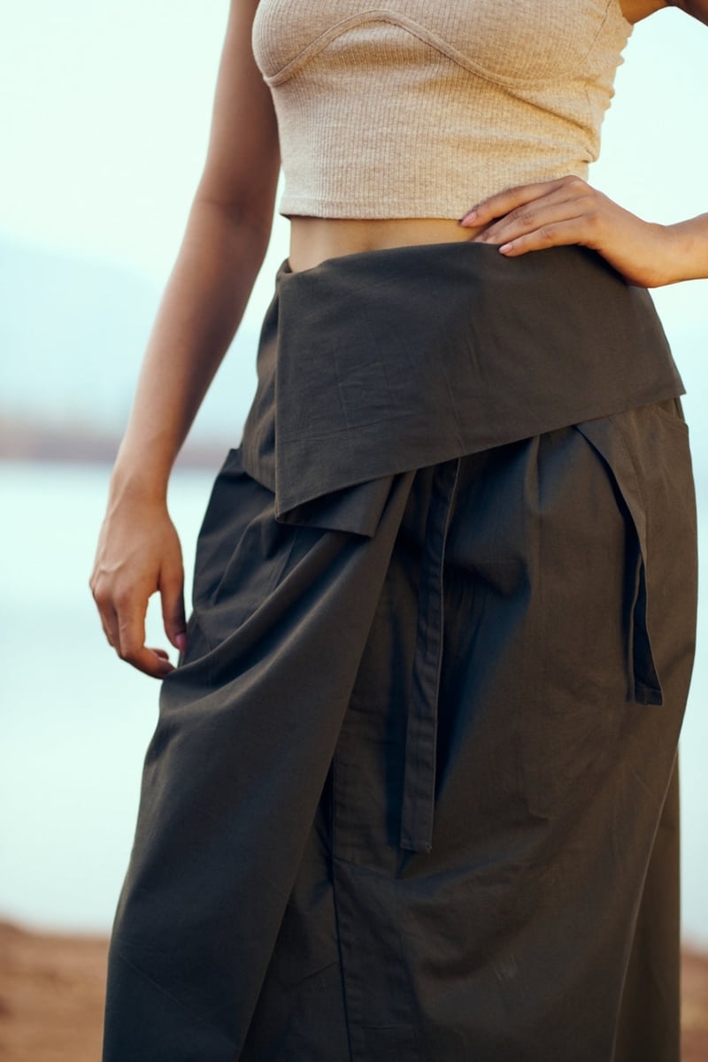 Olive Green Cotton Twill Wrap Midi Skirt with Tie Waist