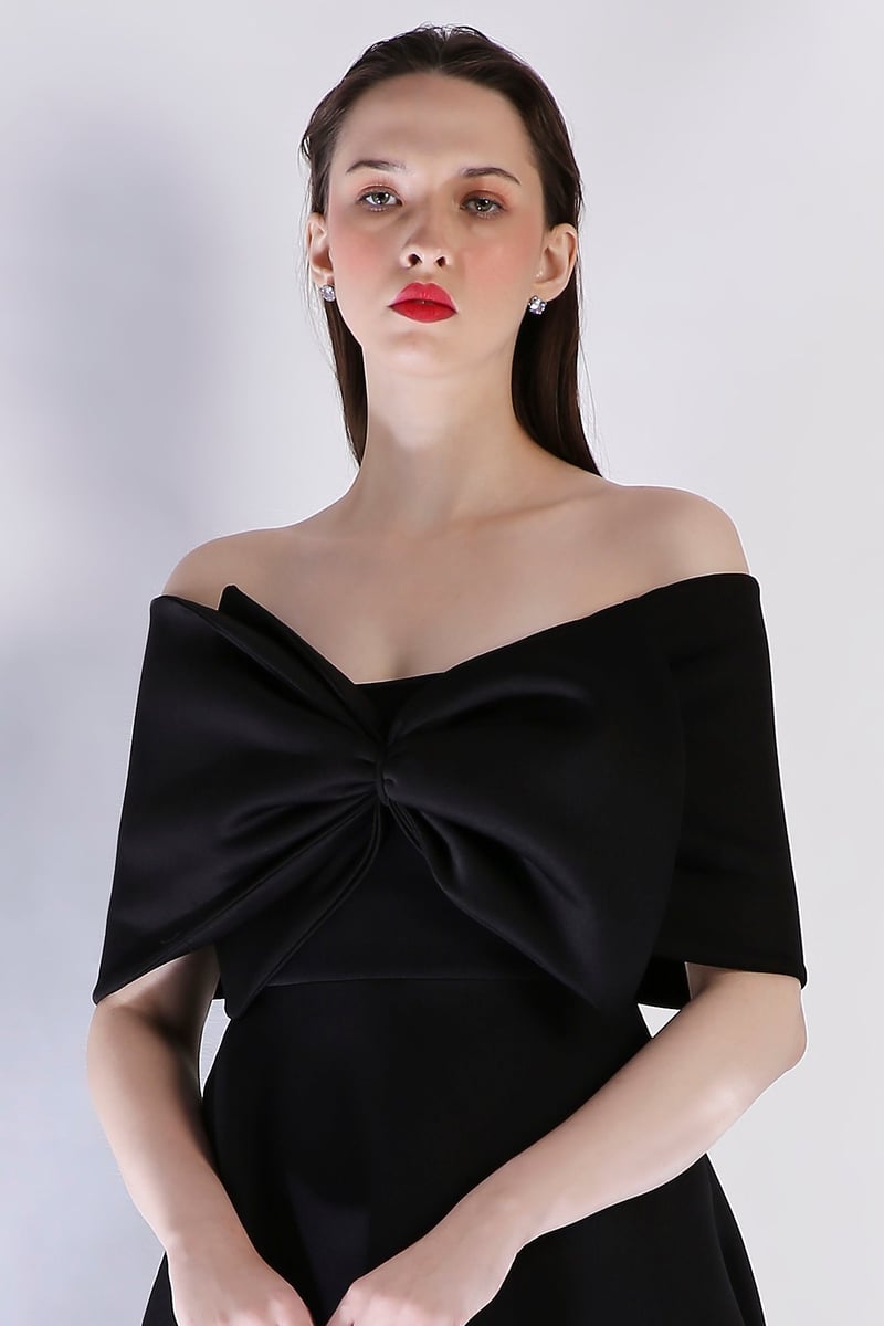 Black Off-Shoulder Bow Detail Midi Dress