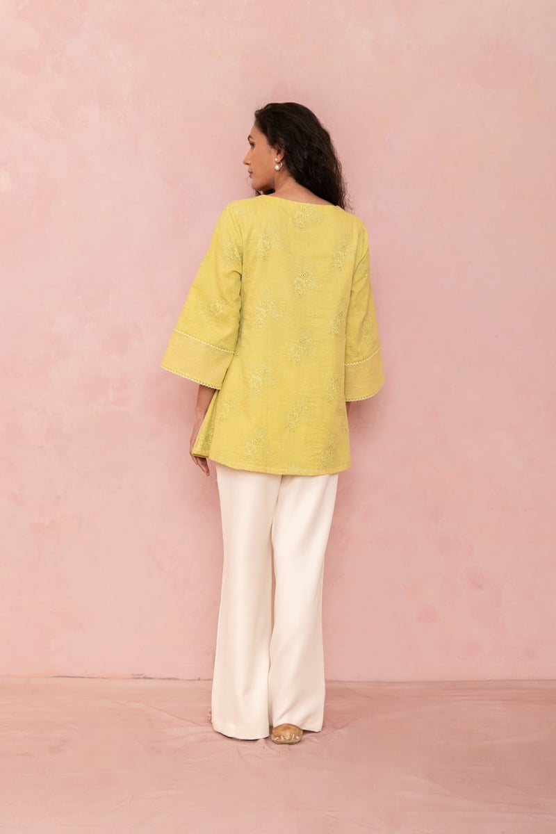 Yellow Cotton Tunic Top with Tonal Embroidery