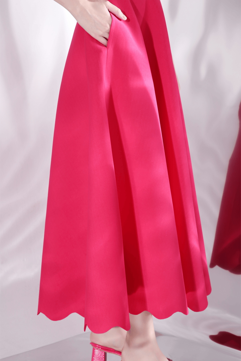 Hot Pink Fit and Flare Midi Dress with Detachable Bow