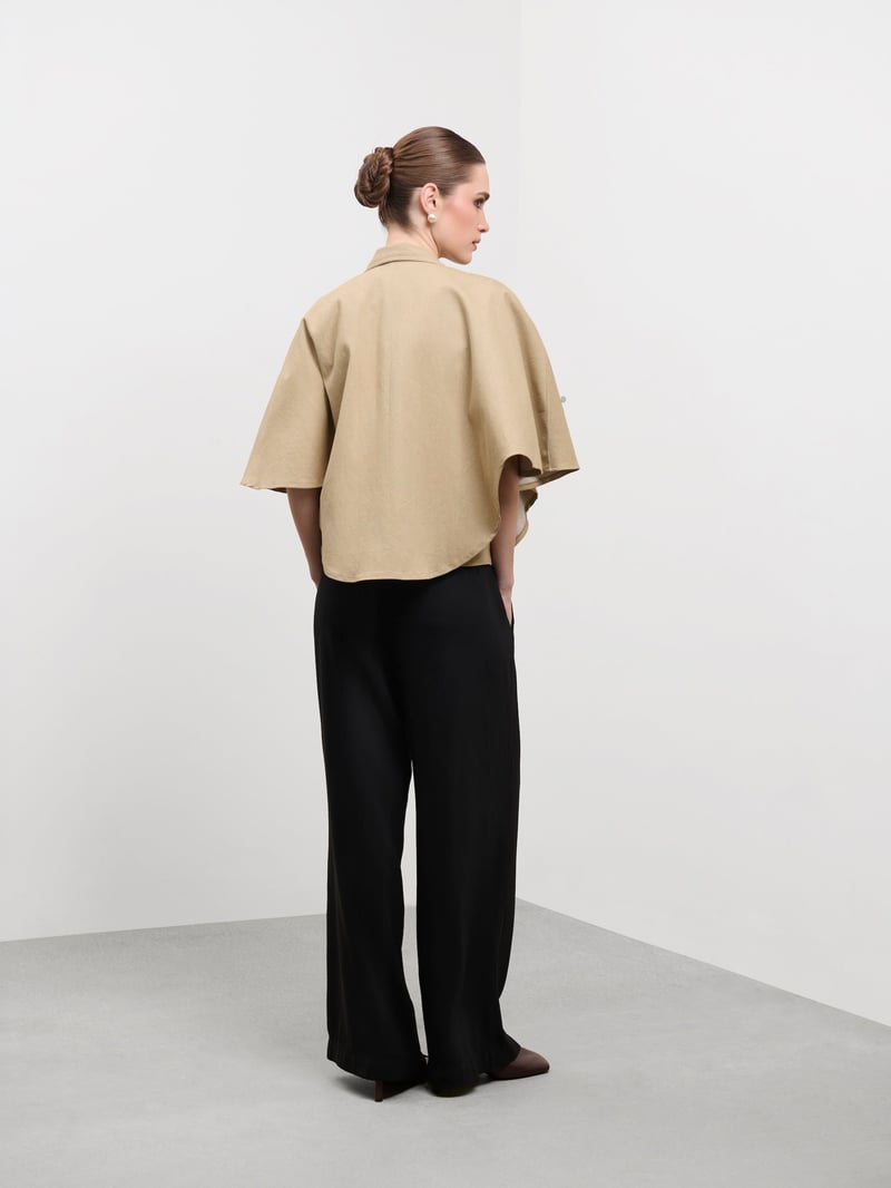 Beige Denim Sequin and Pearl Cropped Cape Top