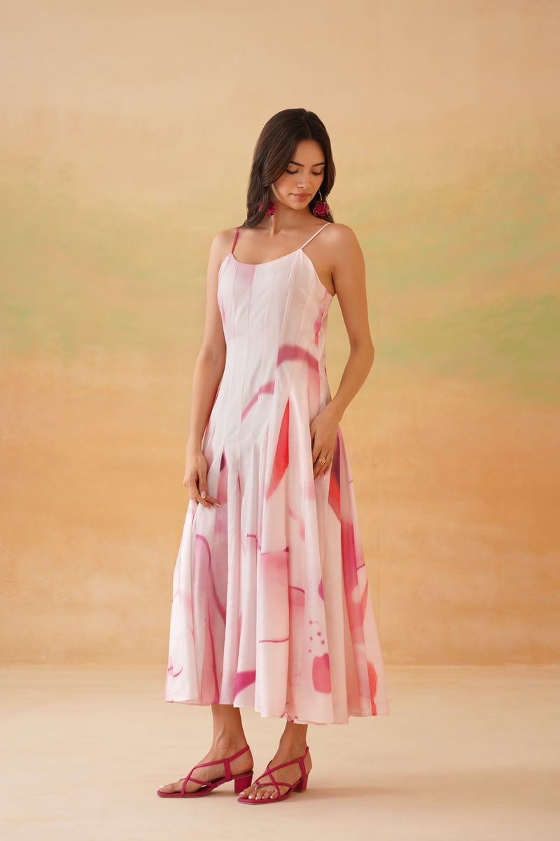 Baby Pink Abstract Floral Panelled Midi Dress