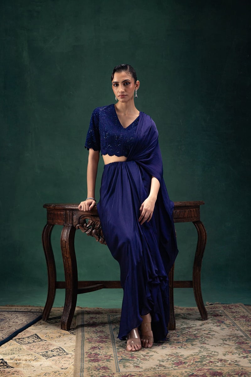 Navy Blue Draped Saree Set with Embroidered Blouse