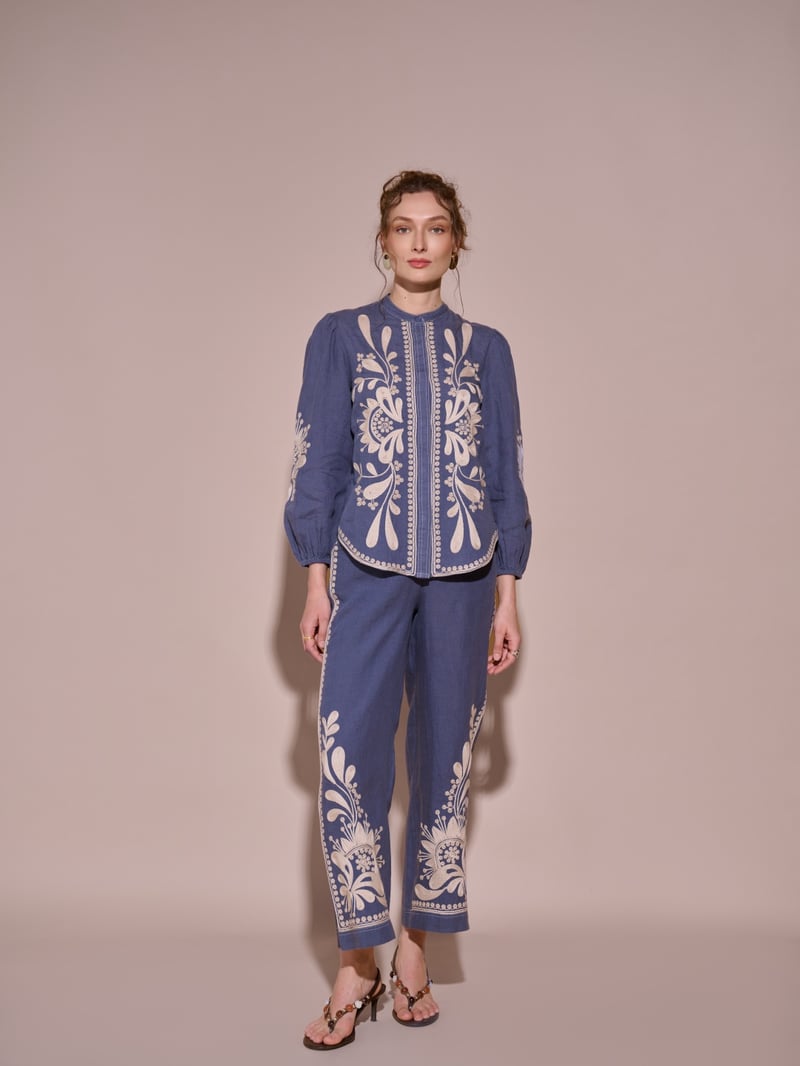 Blue High-Rise Wide-Leg Embroidered Trousers
