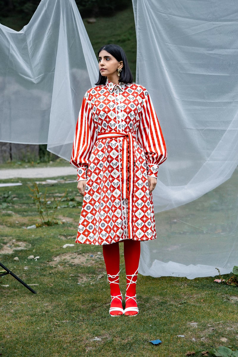 Red and White Printed Midi Shirt Dress with Belt