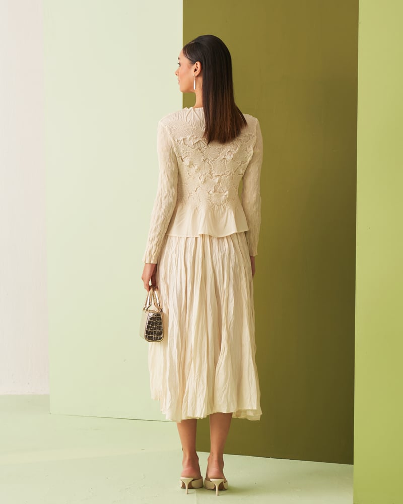 Ivory Textured Top and Pleated Midi Skirt Co-ord Set