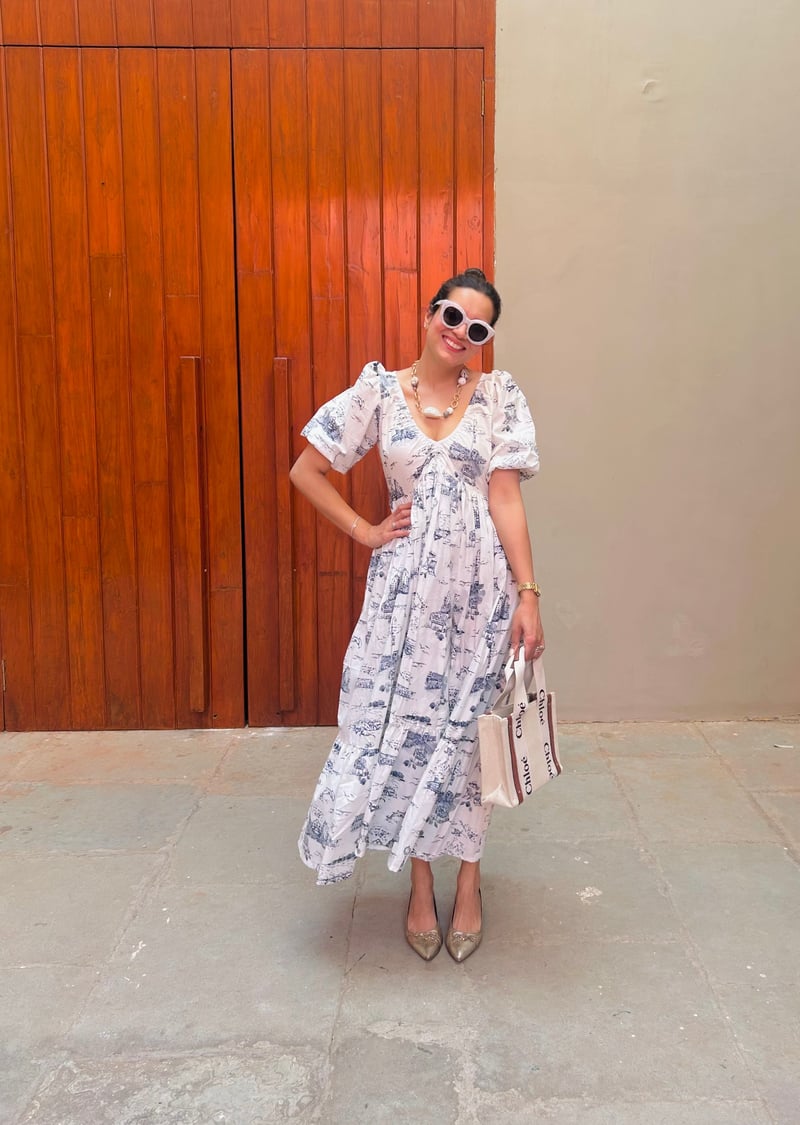 White and Blue Toile Print Tiered Cotton Maxi Dress