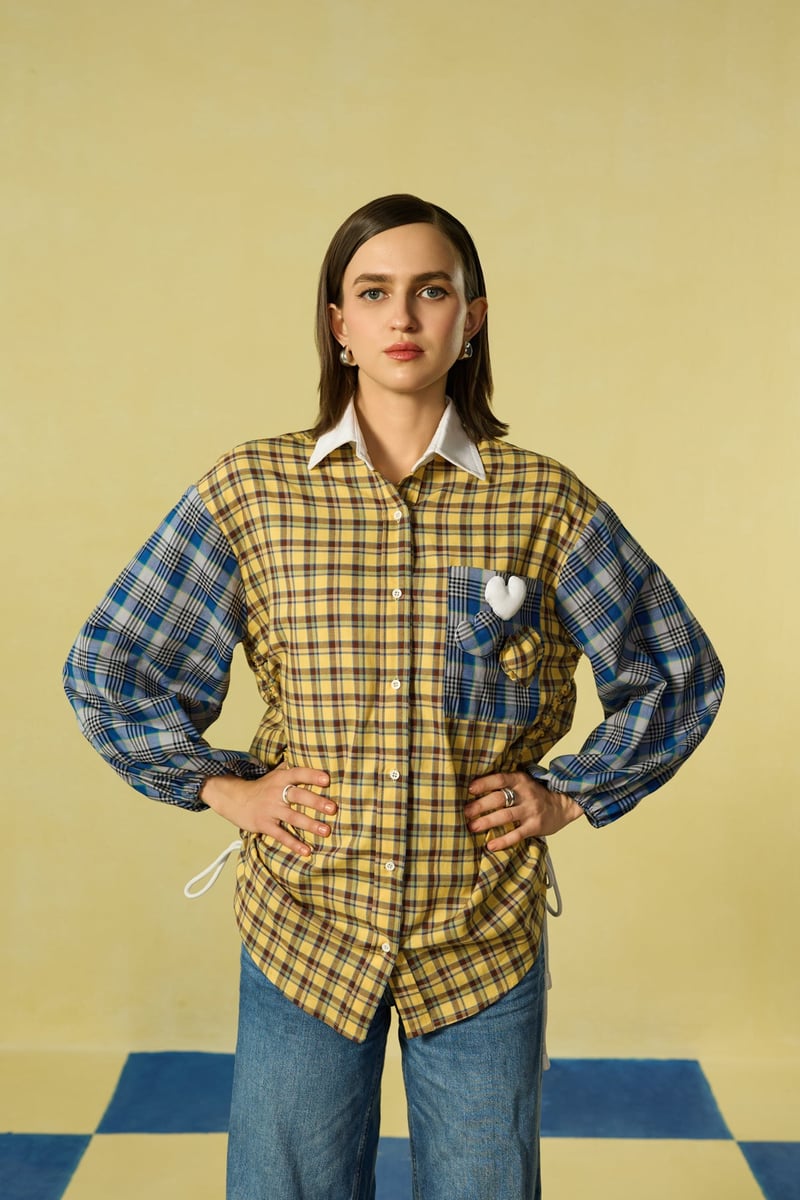 Yellow and Blue Mixed-Check Oversized Shirt