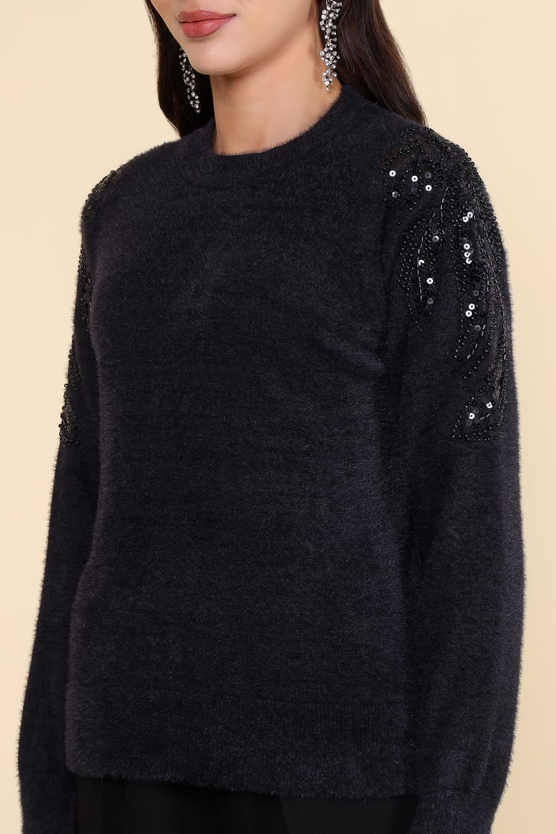 Black Embellished Shoulder Pullover Sweater