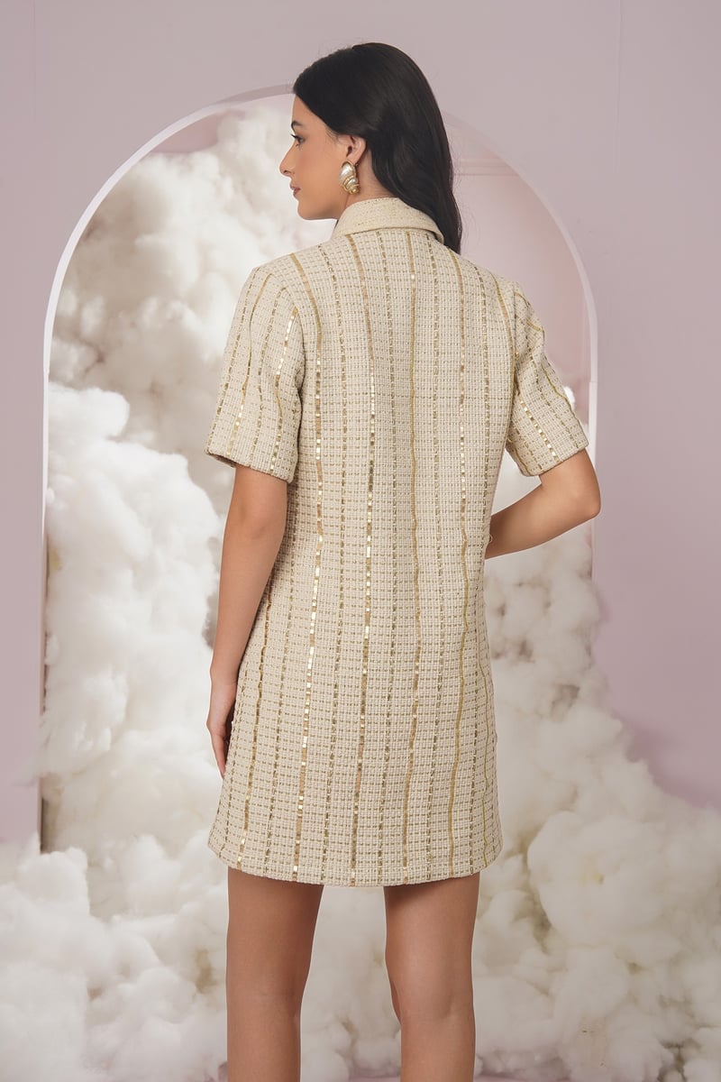 White Textured Mini Shirt Dress with Gold Button Details