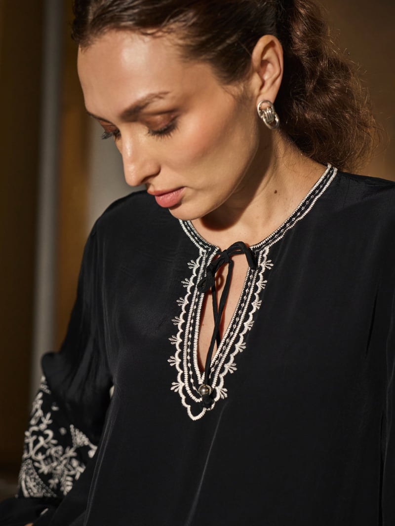 Black Embroidered Tie-Up Neck Flowy Top
