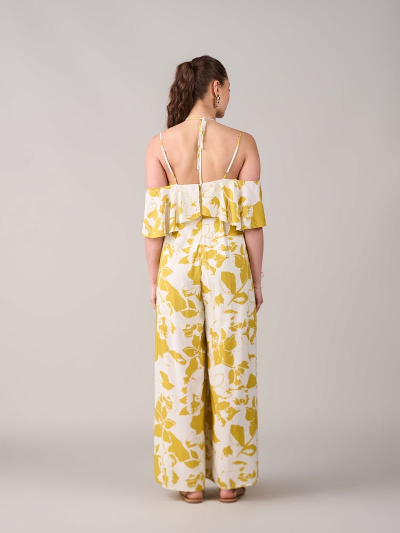 Yellow Floral Halter Neck Cold-Shoulder Wide-Leg Jumpsuit