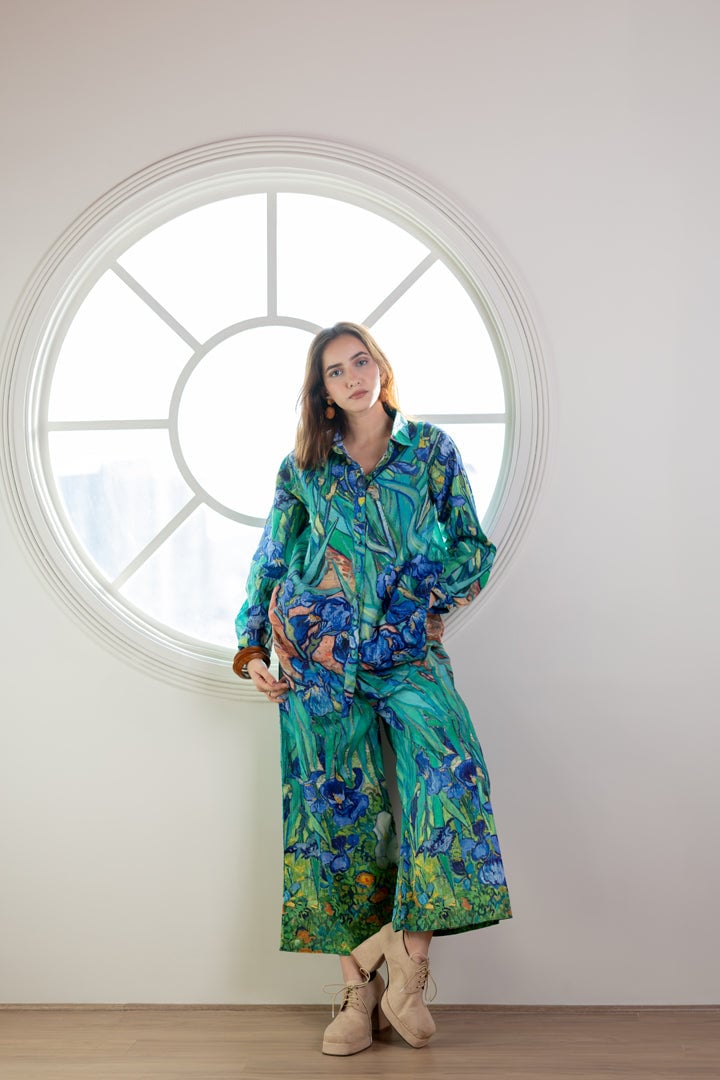 Aqua Blue Iris Print Shirt and Wide-Leg Pants Co-ord Set