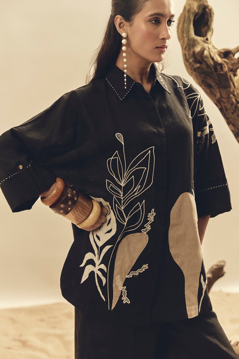 Black Linen Shirt with Botanical Placement Motif