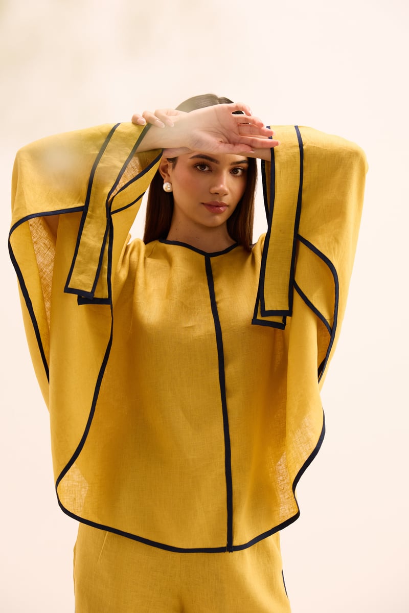 Ochre Linen Cape Top and Wide-Leg Pants Co-ord Set