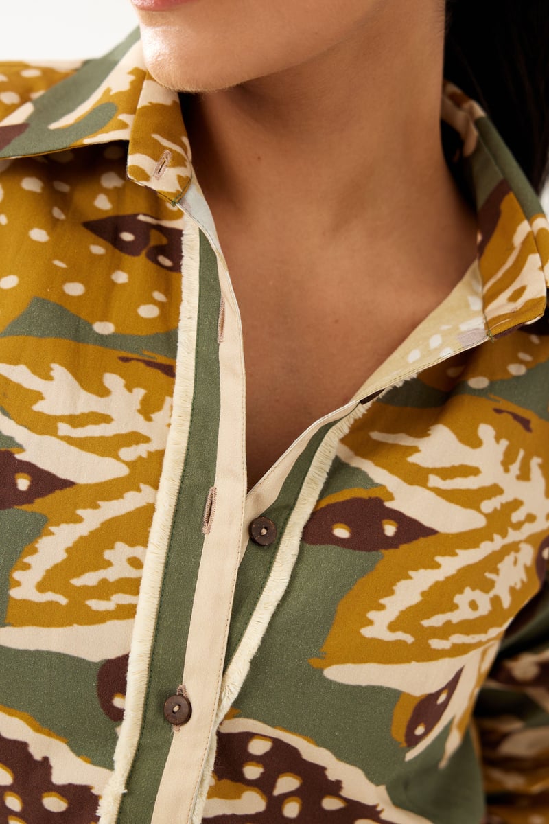Olive And Mustard Floral Smocking Sleeve Shirt